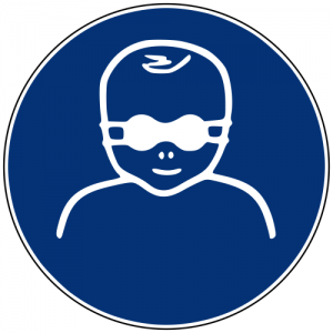 Gebotszeichen M025 Kleinkinder durch weitgehend lichtundurchlässige Augenabschirmung schützen